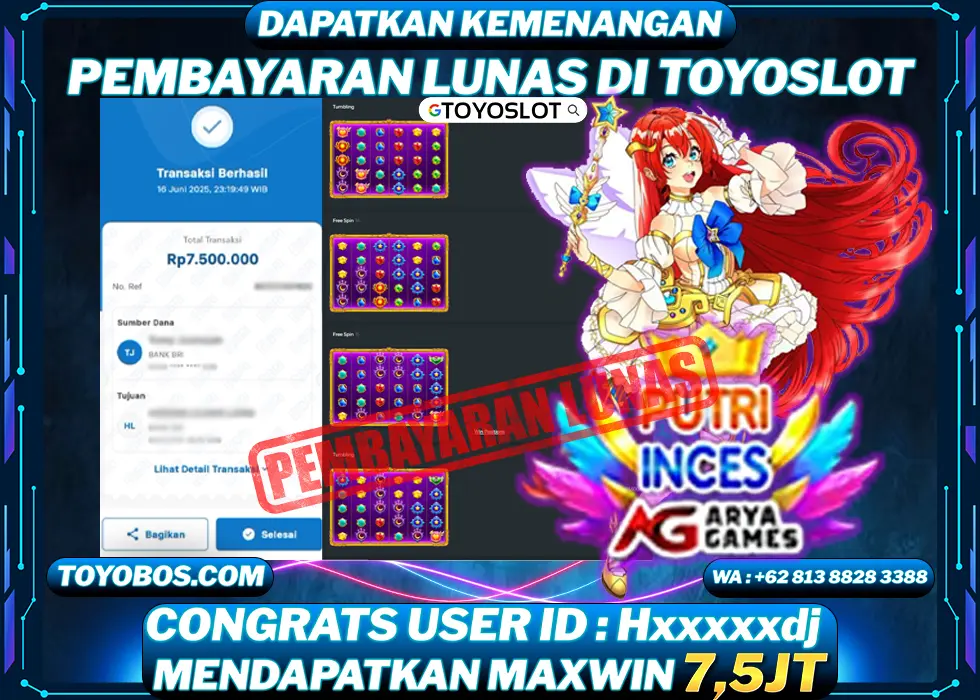 BUKTI KEMENANGAN Putri Inces Aryagames Rp7,500,000,- LUNAS